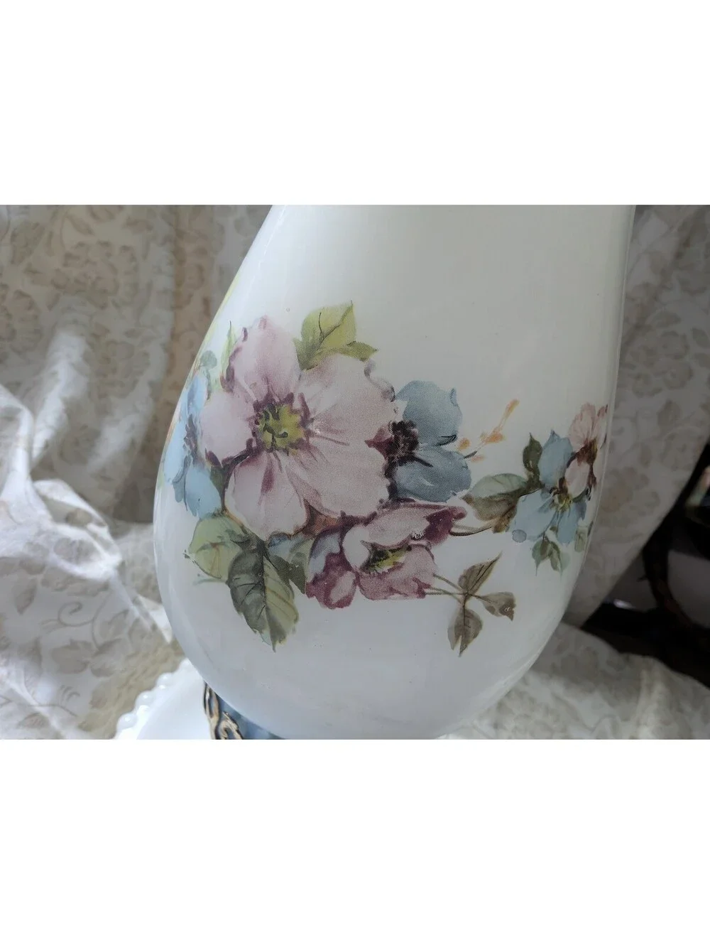 Vintage Milk Glass Electric Table Lamp with Floral Design